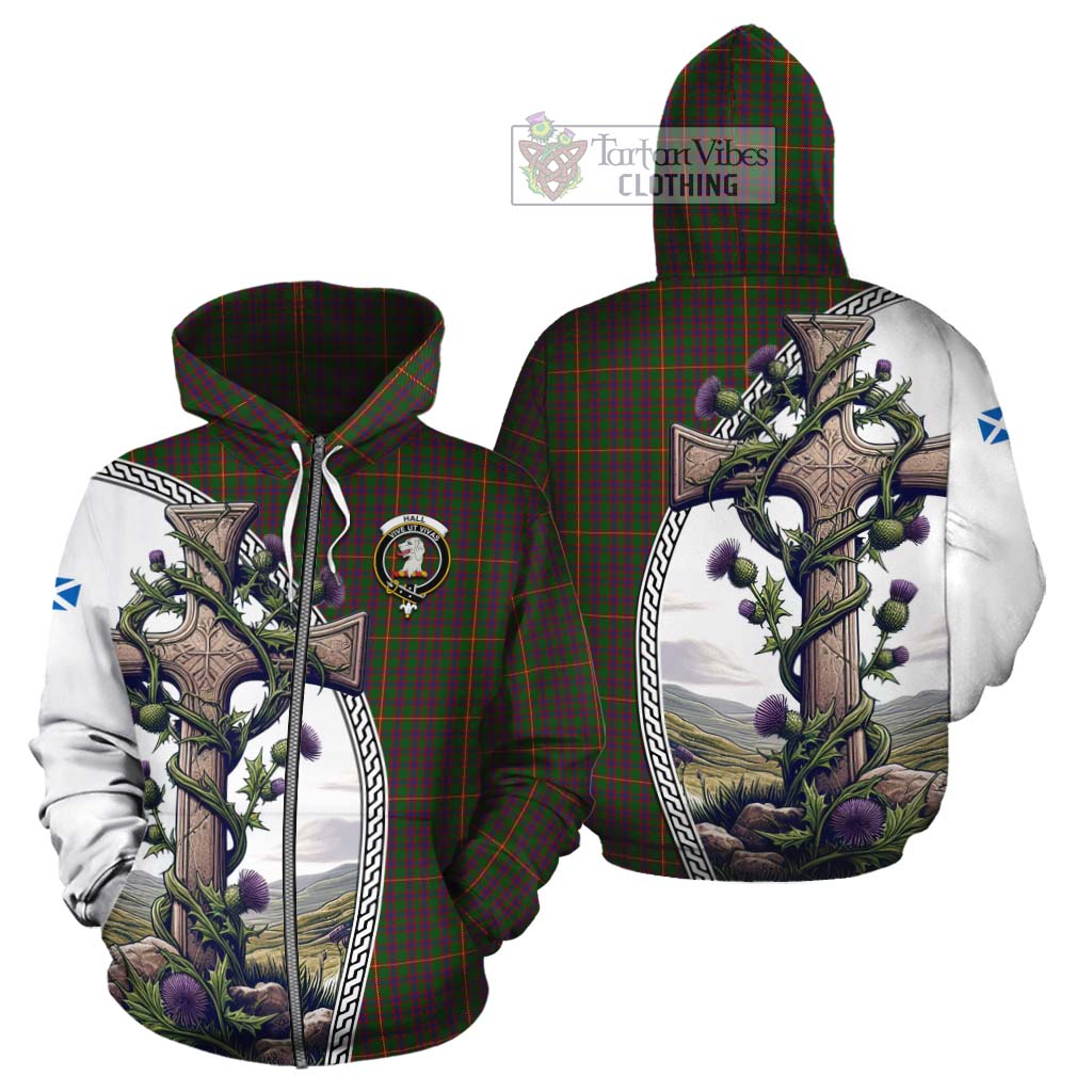 Tartan Vibes Clothing Hall Tartan Cotton Hoodie with Family Crest and St. Andrew's Cross Accented by Thistle Vines