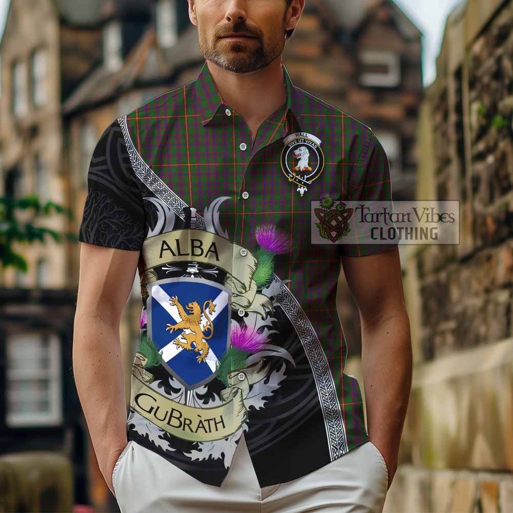 Tartan Vibes Clothing Hall Tartan Family Crest Short Sleeve Button Shirt Lion Rampant Royal Thistle Shield Celtic Inspired