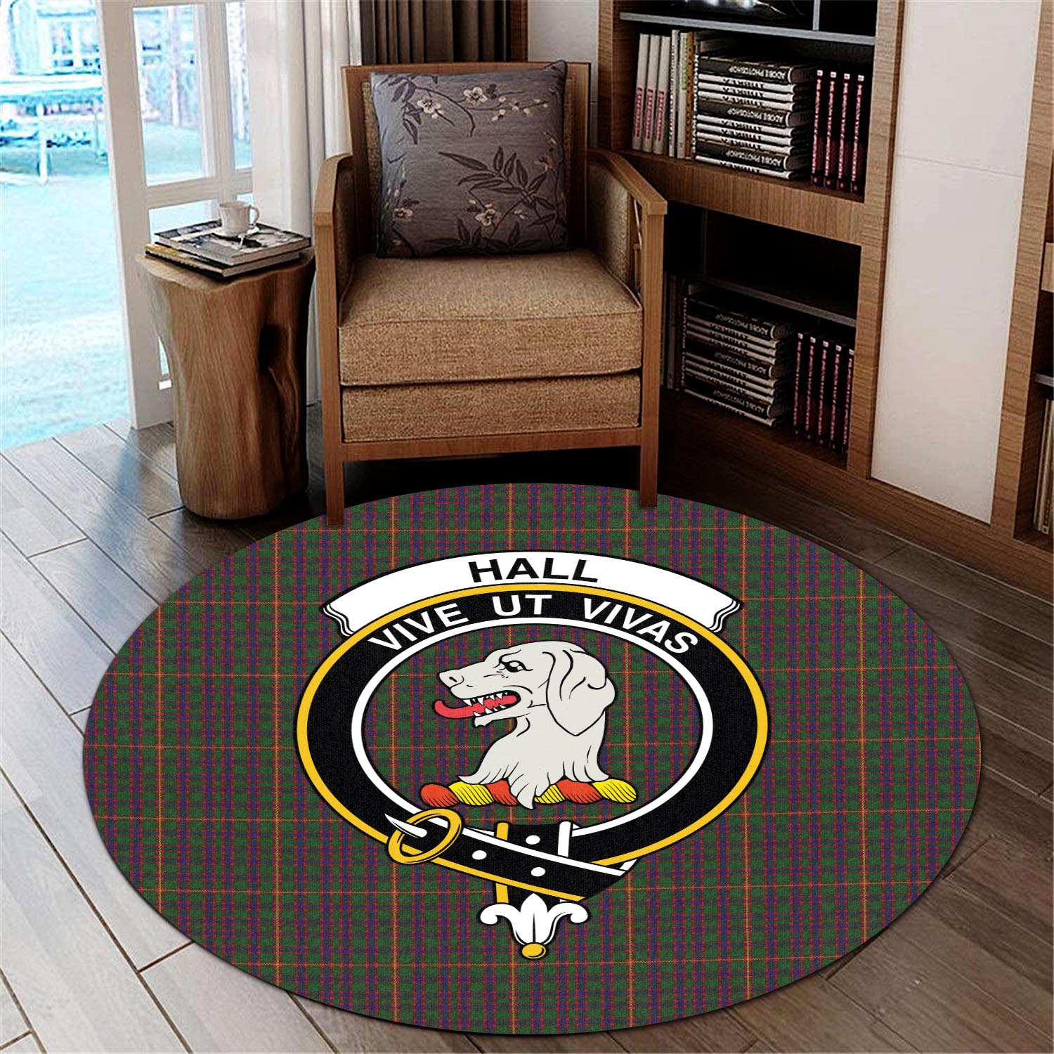 hall-tartan-round-rug-with-family-crest