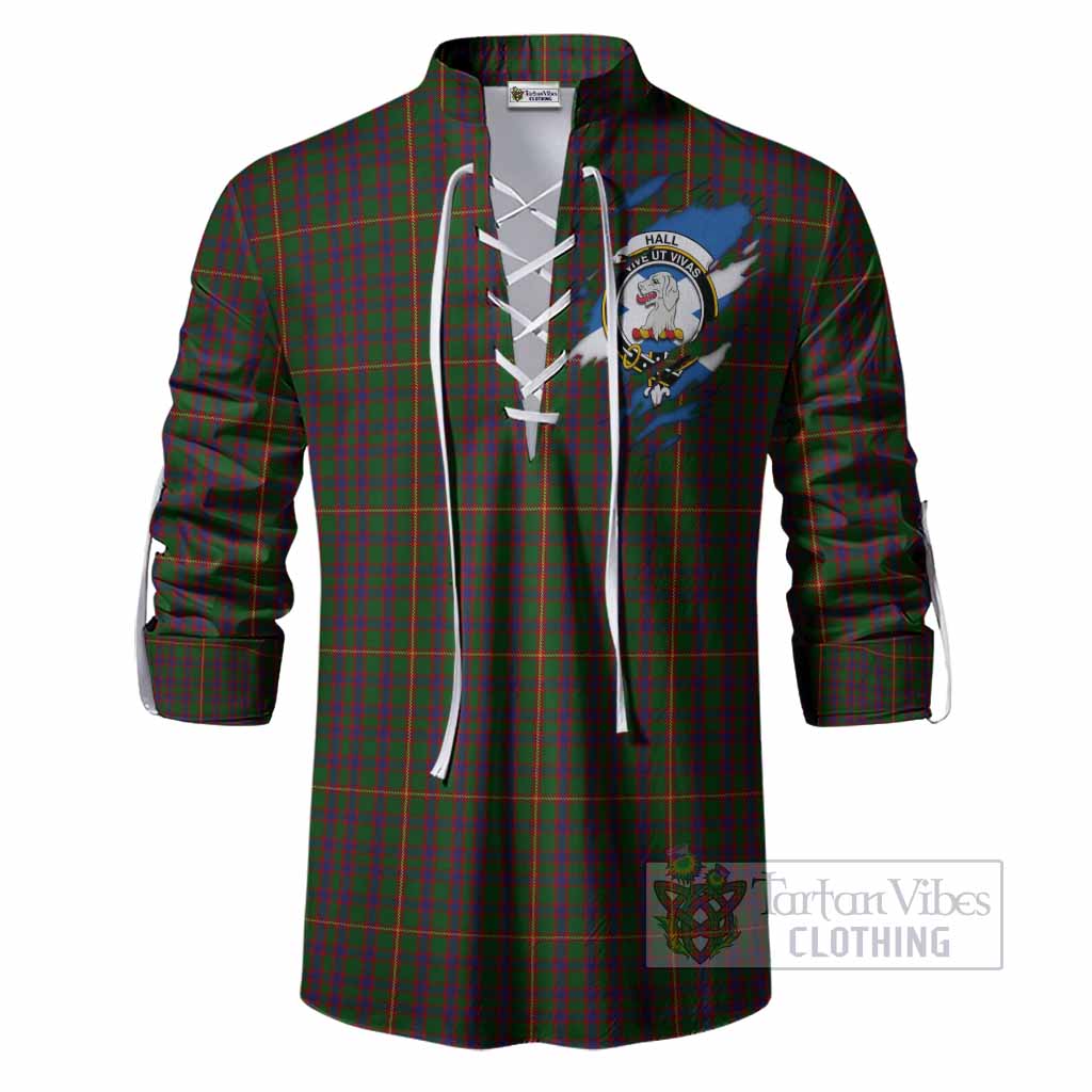 Hall Clan Crest In Me Tartan Ghillie Shirt Scotland Flag Style