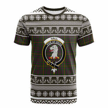 Hall Clan Tartan Christmas Cotton T-shirt with Family Crest