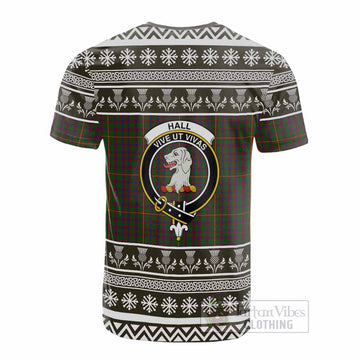 Hall Clan Tartan Christmas Cotton T-shirt with Family Crest