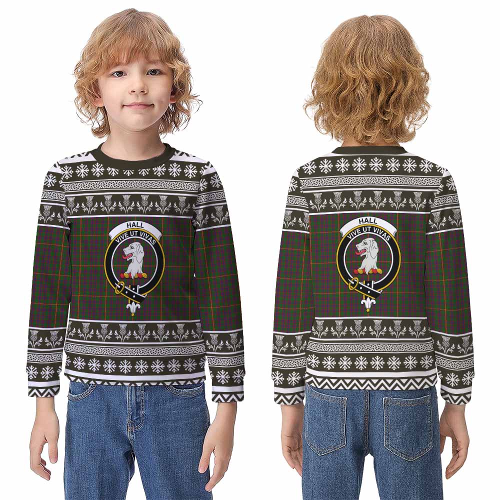 Hall Clan Tartan Christmas Kid Ugly Sweatshirt with Family Crest - Tartan Vibes Clothing