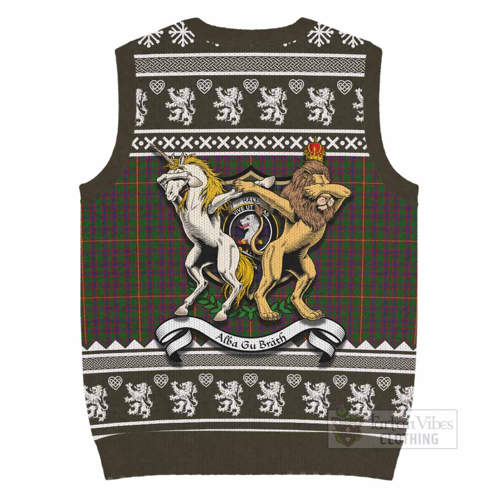 Hall Clan Tartan Crest Christmas Knitted V-Neck Vest Coat of Arms Funny Style - Tartan Vibes Clothing