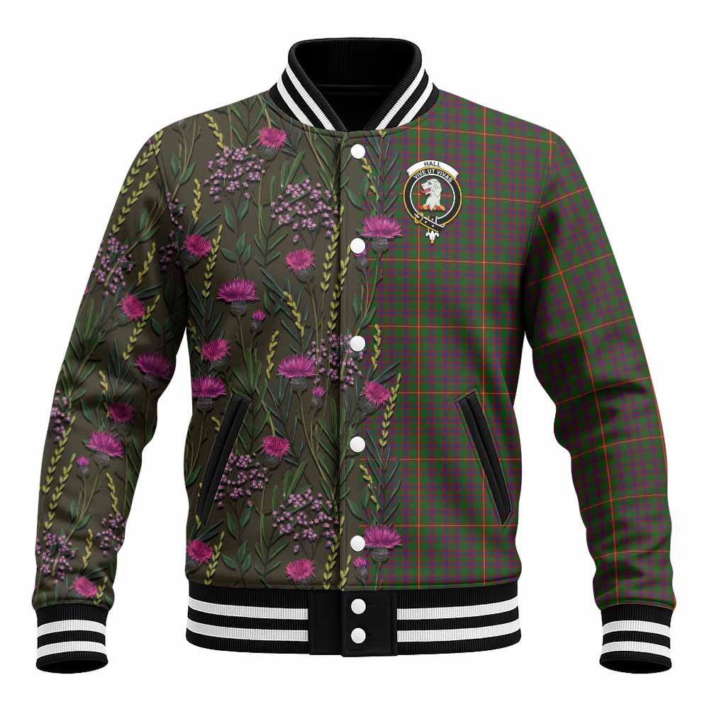 Hall Family Crest Tartan Baseball Jacket Scottish Thistle Flower Pattern Half Style - Tartan Vibes Clothing
