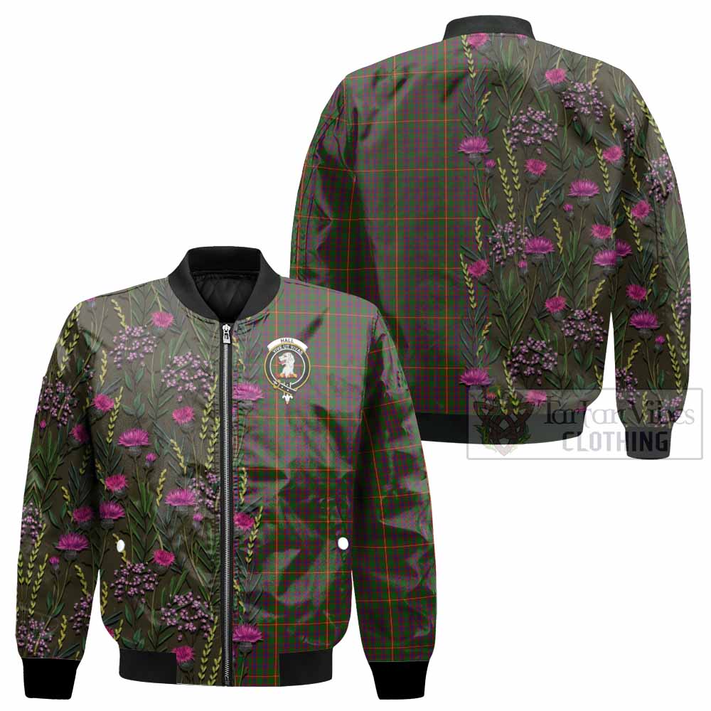 Hall Family Crest Tartan Bomber Jacket Scottish Thistle Flower Pattern Half Style - Tartan Vibes Clothing
