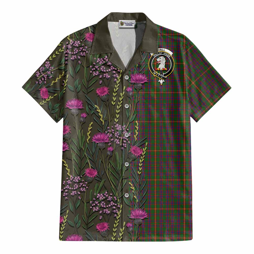 Hall Family Crest Tartan Cotton Hawaiian Shirt Scottish Thistle Flower Pattern Half Style - Tartan Vibes Clothing