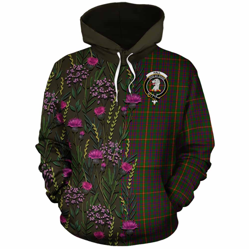Hall Family Crest Tartan Cotton Hoodie Scottish Thistle Flower Pattern Half Style - Tartan Vibes Clothing