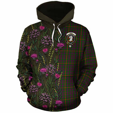 Hall Family Crest Tartan Cotton Hoodie Scottish Thistle Flower Pattern Half Style