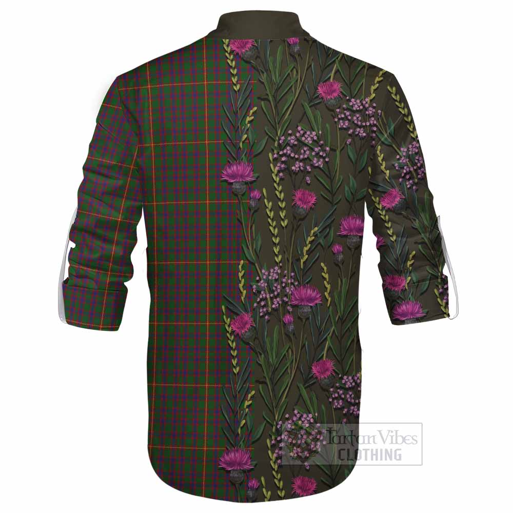 Hall Family Crest Tartan Ghillie Shirt Scottish Thistle Flower Pattern Half Style - Tartan Vibes Clothing
