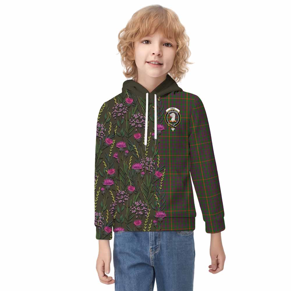 Hall Family Crest Tartan Kid Hoodie Scottish Thistle Flower Pattern Half Style - Tartan Vibes Clothing