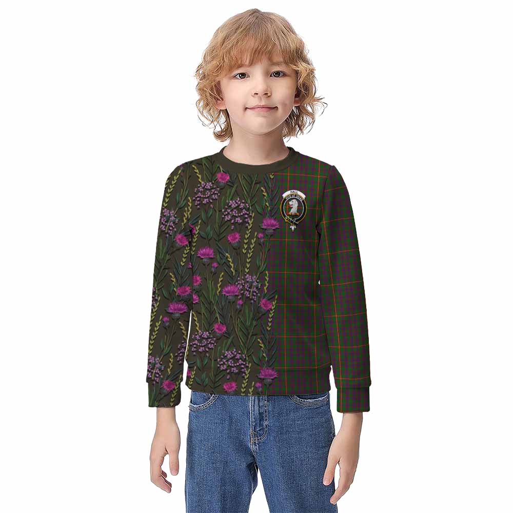 Hall Family Crest Tartan Kid Knitted Sweatshirt Scottish Thistle Flower Pattern Half Style - Tartan Vibes Clothing