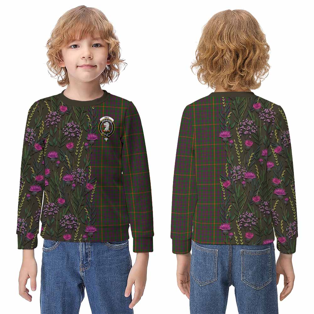 Hall Family Crest Tartan Kid Knitted Sweatshirt Scottish Thistle Flower Pattern Half Style - Tartan Vibes Clothing