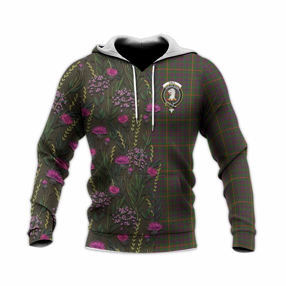 Hall Family Crest Tartan Knitted Hoodie Scottish Thistle Flower Pattern Half Style - Tartan Vibes Clothing