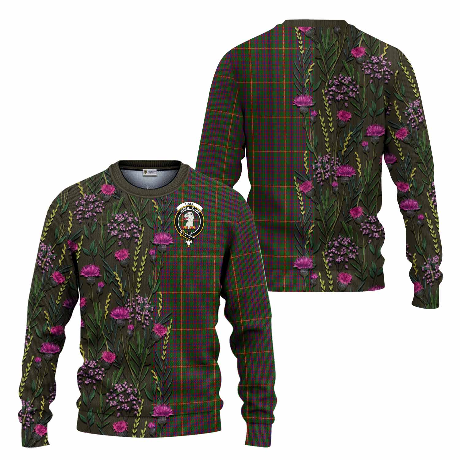 Hall Family Crest Tartan Knitted Sweater Scottish Thistle Flower Pattern Half Style - Tartan Vibes Clothing