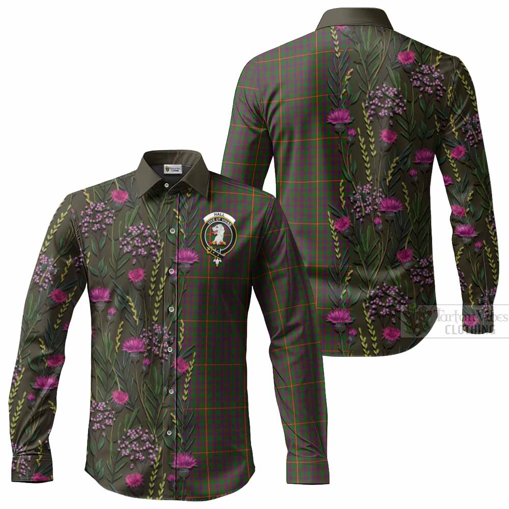 Hall Family Crest Tartan Long Sleeve Button Shirts Scottish Thistle Flower Pattern Half Style - Tartan Vibes Clothing
