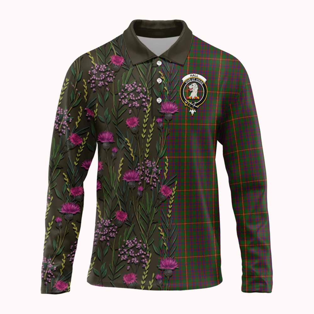 Hall Family Crest Tartan Long Sleeve Polo Shirt Scottish Thistle Flower Pattern Half Style - Tartan Vibes Clothing