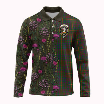 Hall Family Crest Tartan Long Sleeve Polo Shirt Scottish Thistle Flower Pattern Half Style