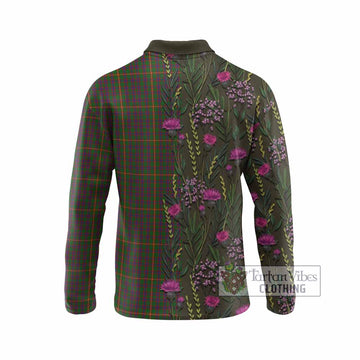 Hall Family Crest Tartan Long Sleeve Polo Shirt Scottish Thistle Flower Pattern Half Style
