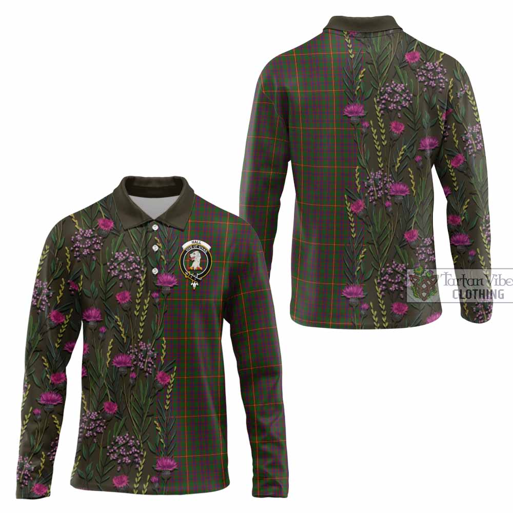 Hall Family Crest Tartan Long Sleeve Polo Shirt Scottish Thistle Flower Pattern Half Style - Tartan Vibes Clothing
