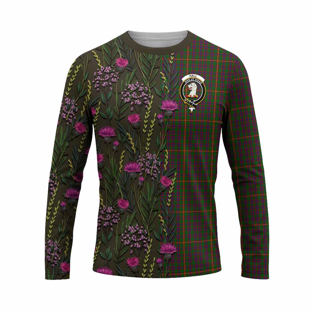 Hall Family Crest Tartan Long Sleeve T-Shirt Scottish Thistle Flower Pattern Half Style - Tartan Vibes Clothing