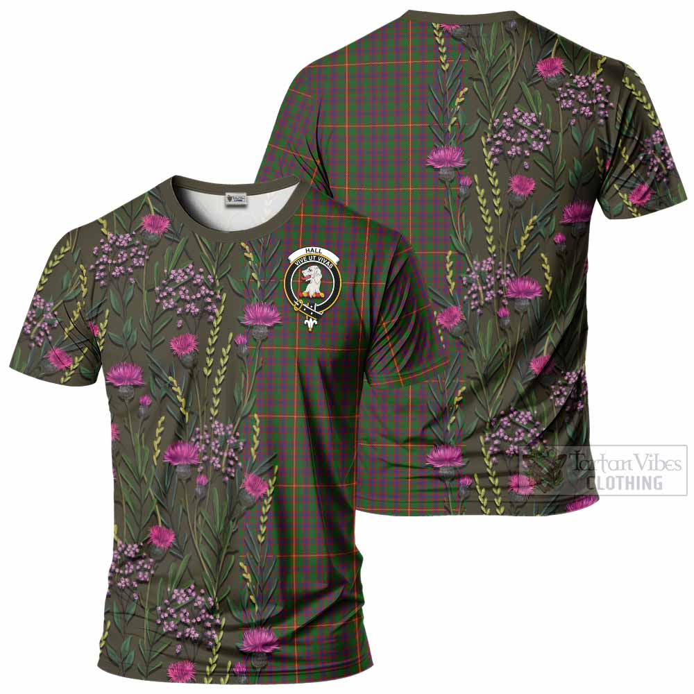 Hall Family Crest Tartan T-Shirt Scottish Thistle Flower Pattern Half Style - Tartan Vibes Clothing