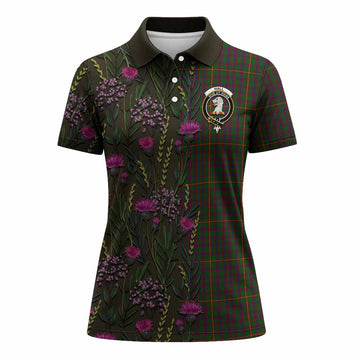 Hall Family Crest Tartan Women Polo Shirt Scottish Thistle Flower Pattern Half Style