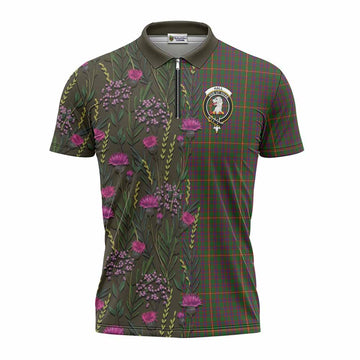 Hall Family Crest Tartan Zipper Polo Shirt Scottish Thistle Flower Pattern Half Style