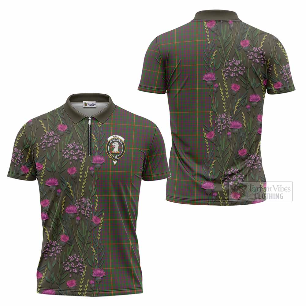 Hall Family Crest Tartan Zipper Polo Shirt Scottish Thistle Flower Pattern Half Style - Tartan Vibes Clothing