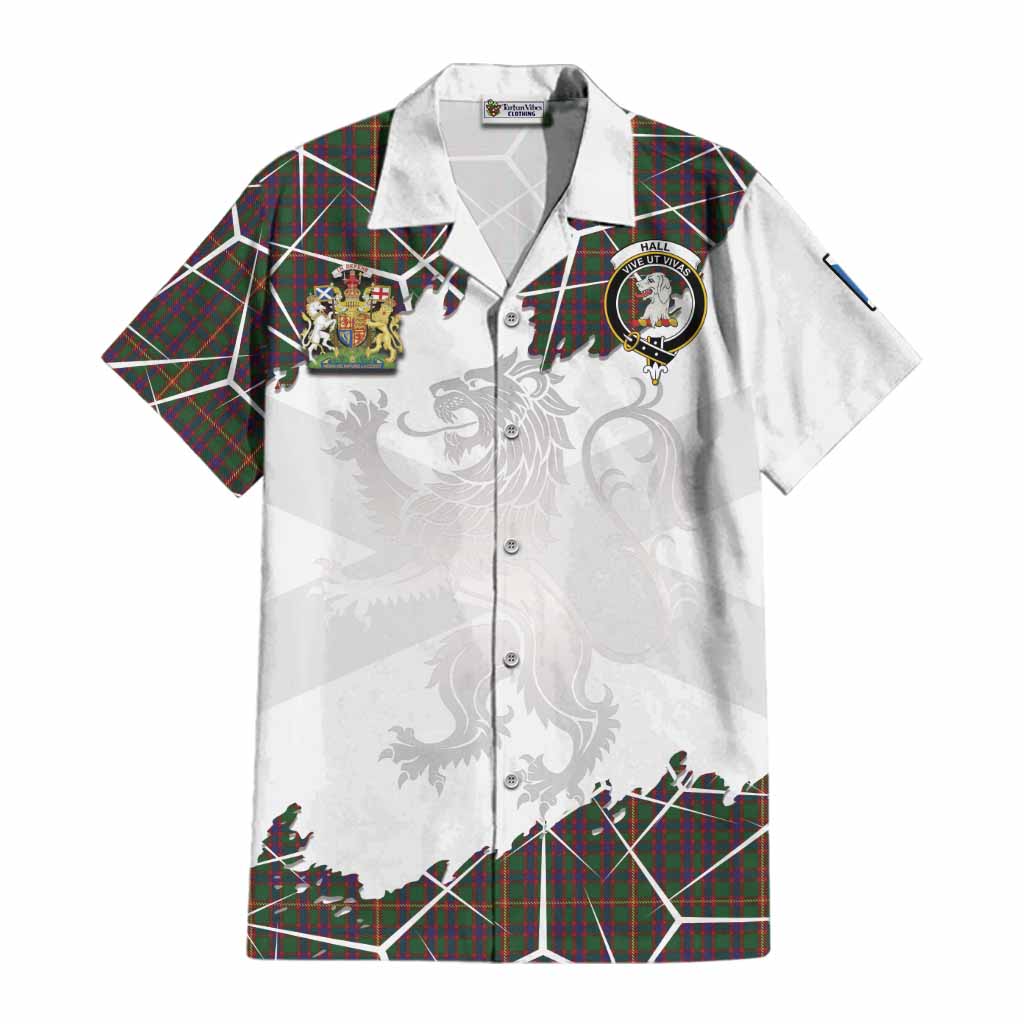 Hall Tartan Cotton Hawaiian Shirt with Family Crest and Lion Rampant Grunge Style