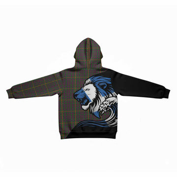 Hall Tartan Crest Kid Hoodie Scottish Golden Lions Wave Flow