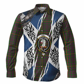 Hall Tartan Crest Long Sleeve Button Shirts Scotland Flag Ripped Tribal Design
