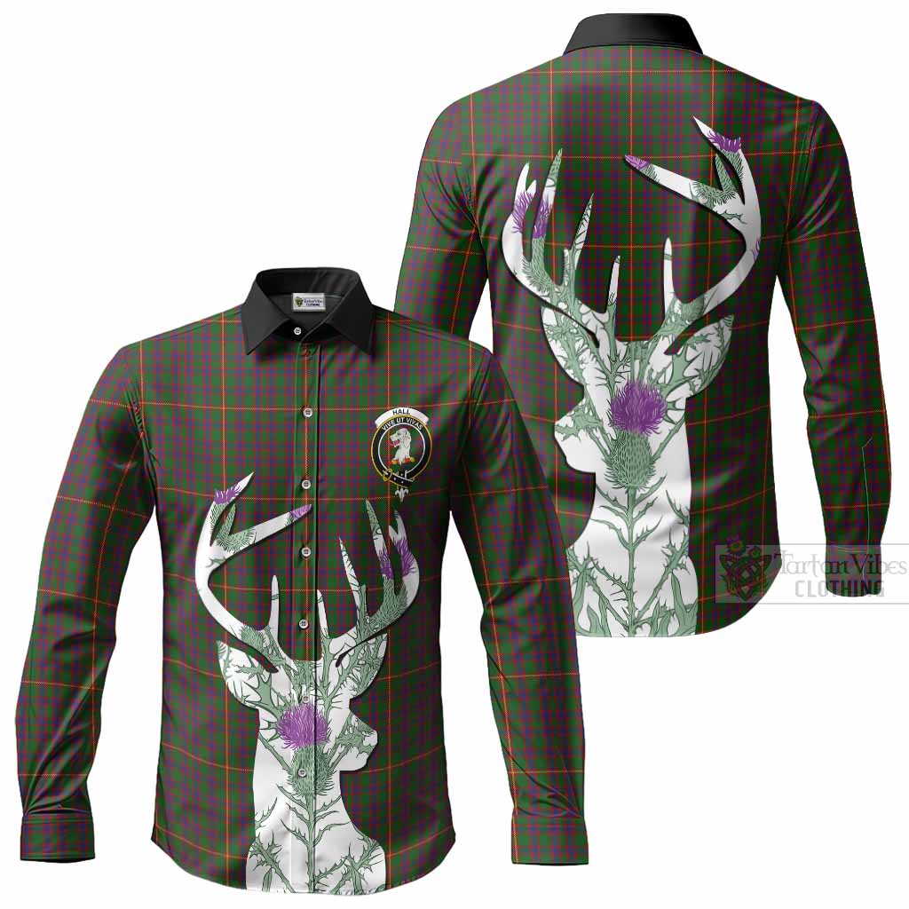 Hall Tartan Crest Long Sleeve Button Shirts Scottish Stag Thistle Floral Art