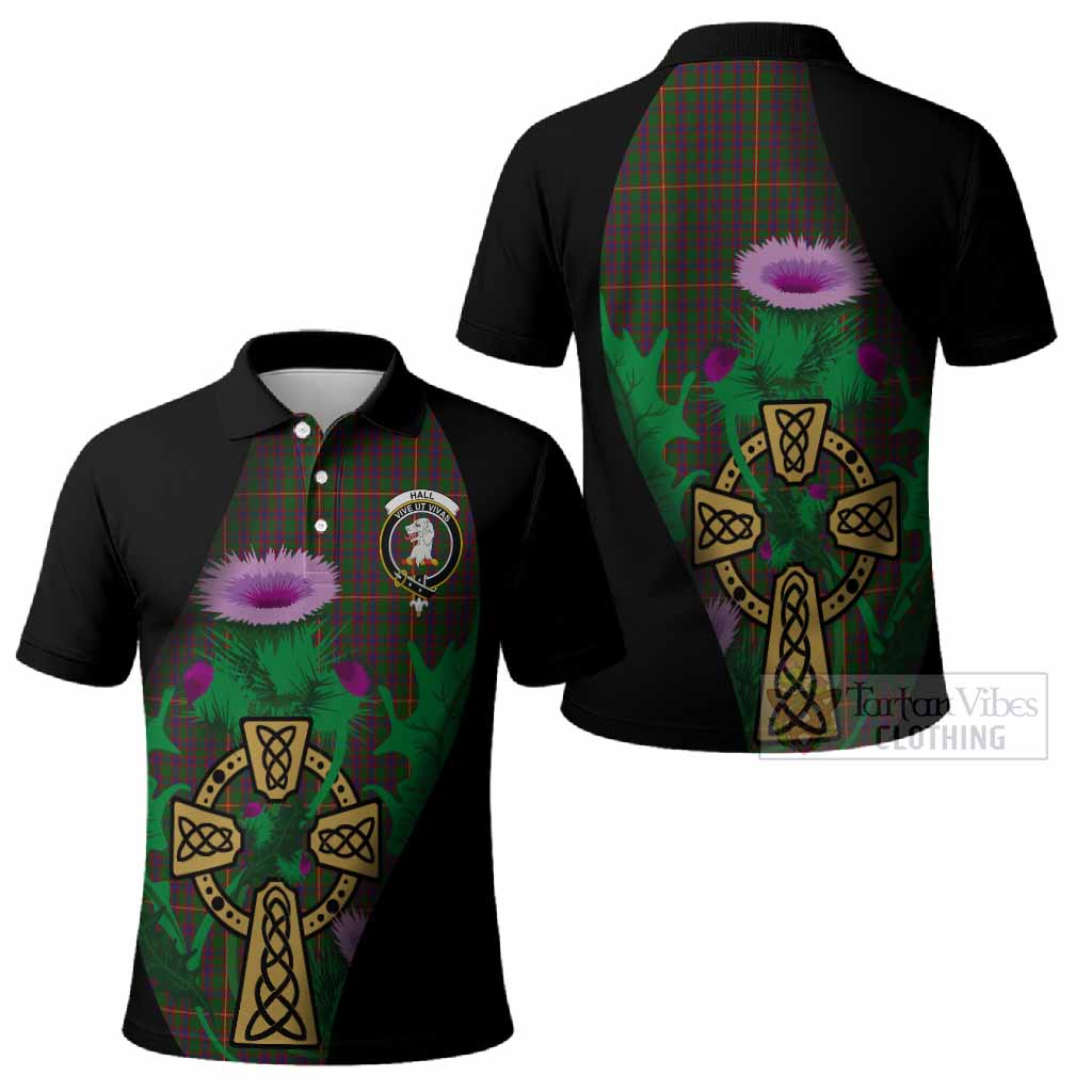 Hall Tartan Crest Polo Shirt Celtic Cross Thistle Flowers