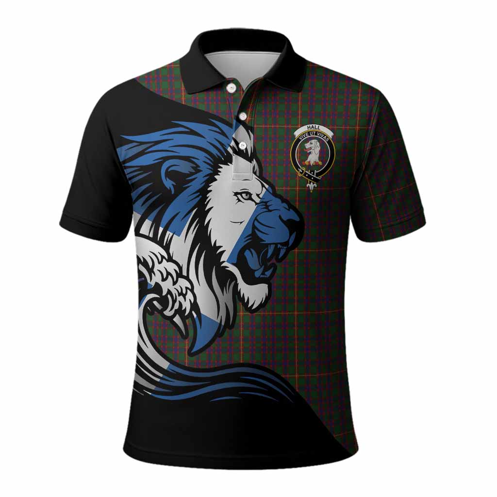 Hall Tartan Crest Polo Shirt Scottish Golden Lions Wave Flow