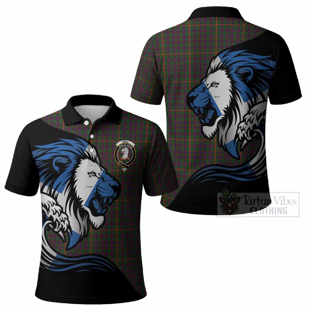 Hall Tartan Crest Polo Shirt Scottish Golden Lions Wave Flow