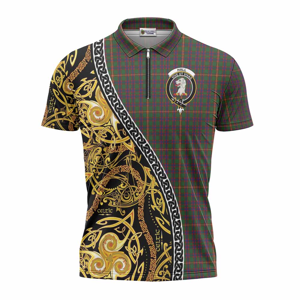 Hall Tartan Crest Zipper Polo Shirt Celtic Knot and Triple Trickle Spiral Symbols