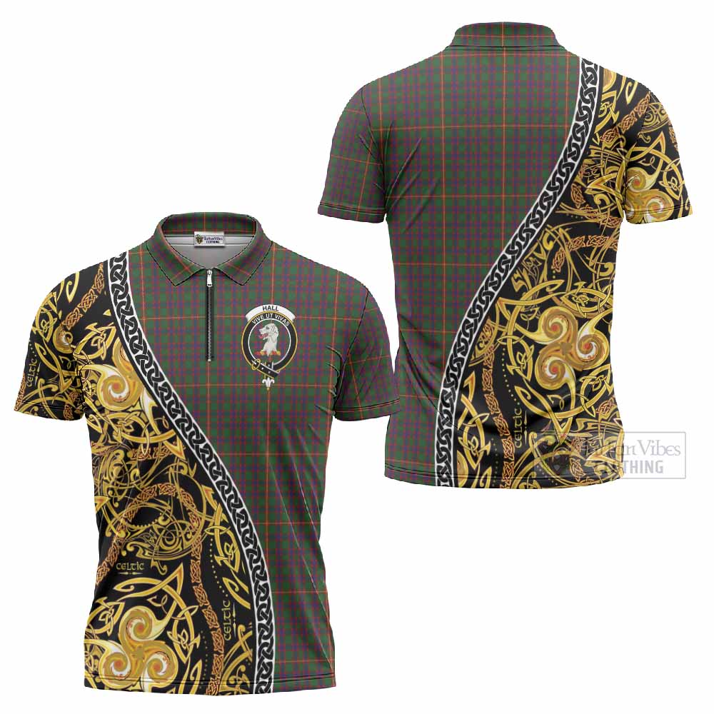 Hall Tartan Crest Zipper Polo Shirt Celtic Knot and Triple Trickle Spiral Symbols