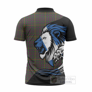 Hall Tartan Crest Zipper Polo Shirt Scottish Golden Lions Wave Flow