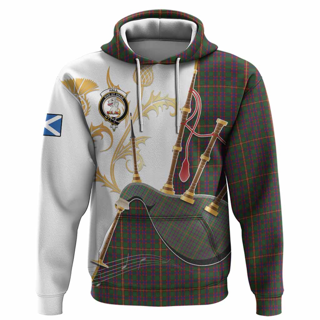 Hall Tartan Family Crest Hoodie Bagpipes with Scottish Thistle