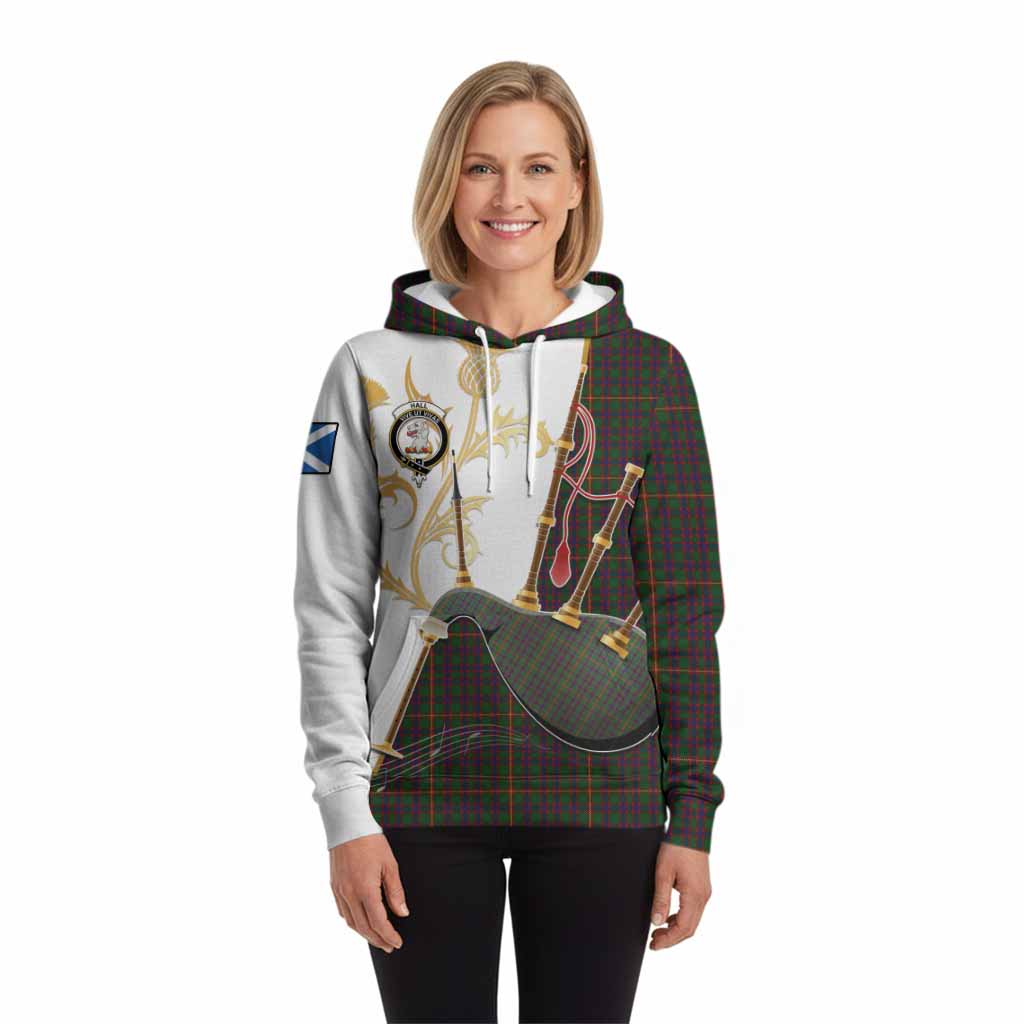 Hall Tartan Family Crest Hoodie Bagpipes with Scottish Thistle