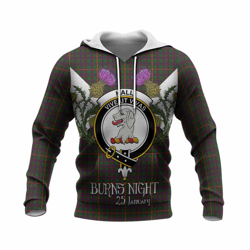 Hall Tartan Family Crest Knitted Hoodie Scottish Burns Night Thistle Floral