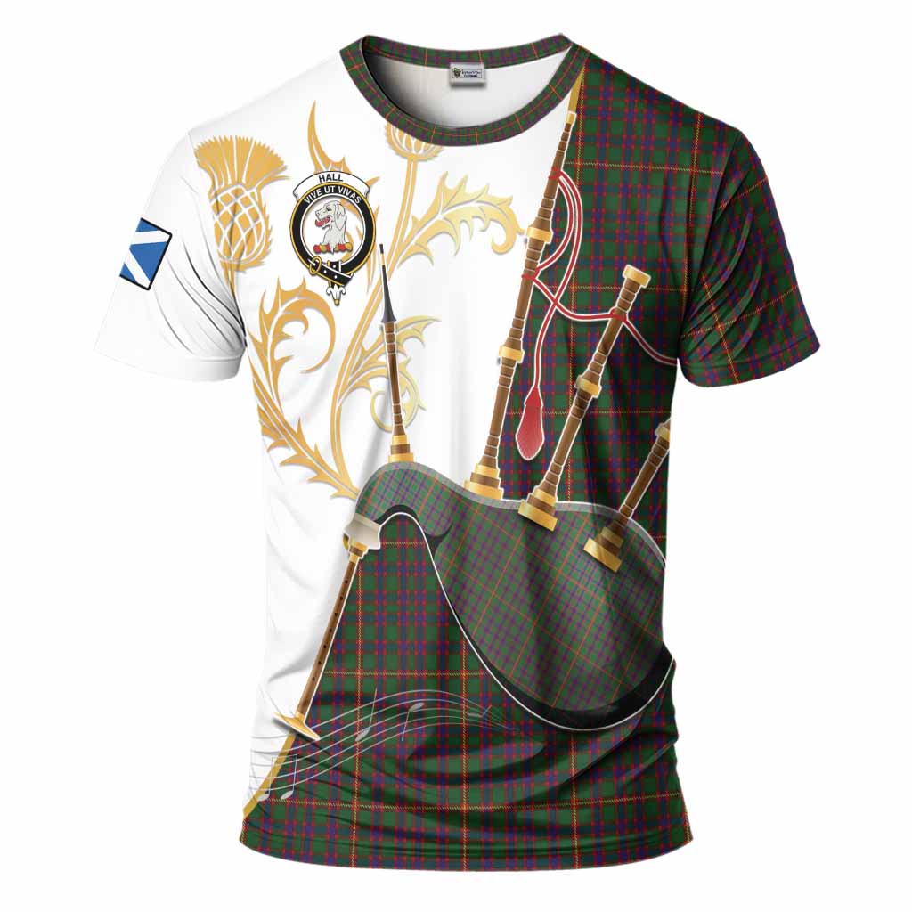 Hall Tartan Family Crest T-Shirt Bagpipes with Scottish Thistle