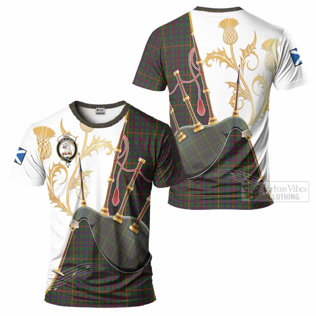 Hall Tartan Family Crest T-Shirt Bagpipes with Scottish Thistle