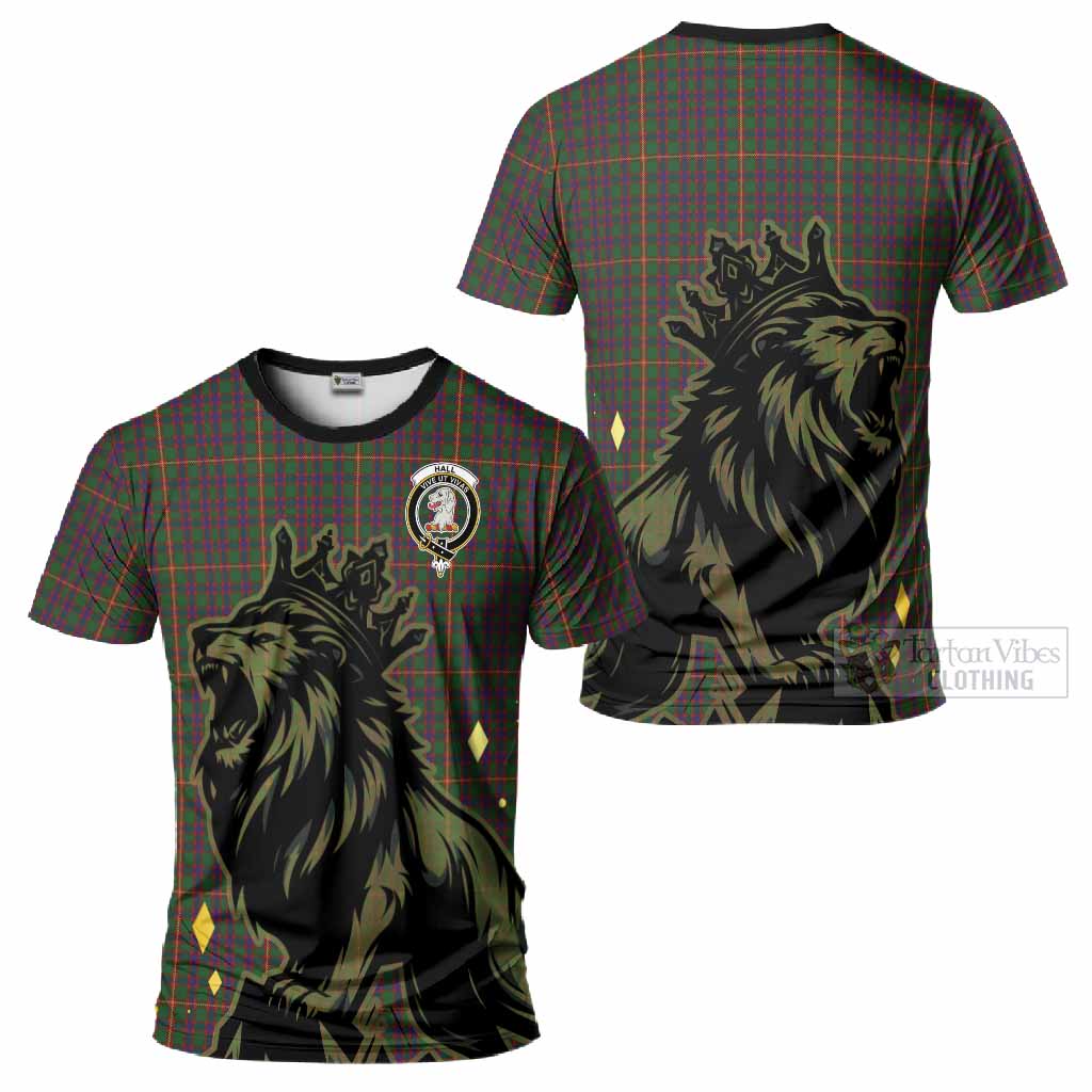 Hall Tartan Family Crest T-Shirt Crowned Lion Roaring
