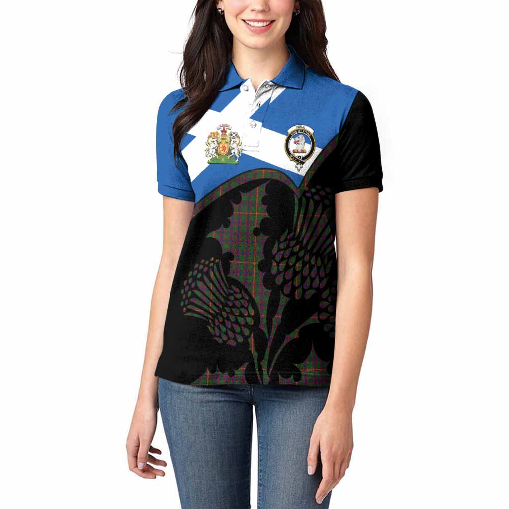 Hall Tartan Family Crest Women Polo Shirt Scotland Thistle Floral Flag Style