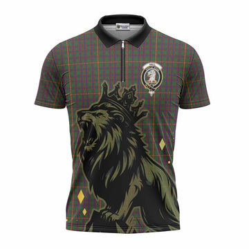 Hall Tartan Family Crest Zipper Polo Shirt Crowned Lion Roaring