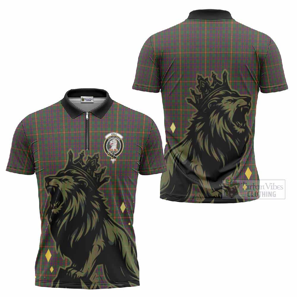 Hall Tartan Family Crest Zipper Polo Shirt Crowned Lion Roaring
