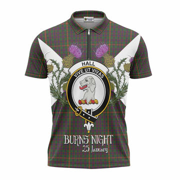 Hall Tartan Family Crest Zipper Polo Shirt Scottish Burns Night Thistle Floral