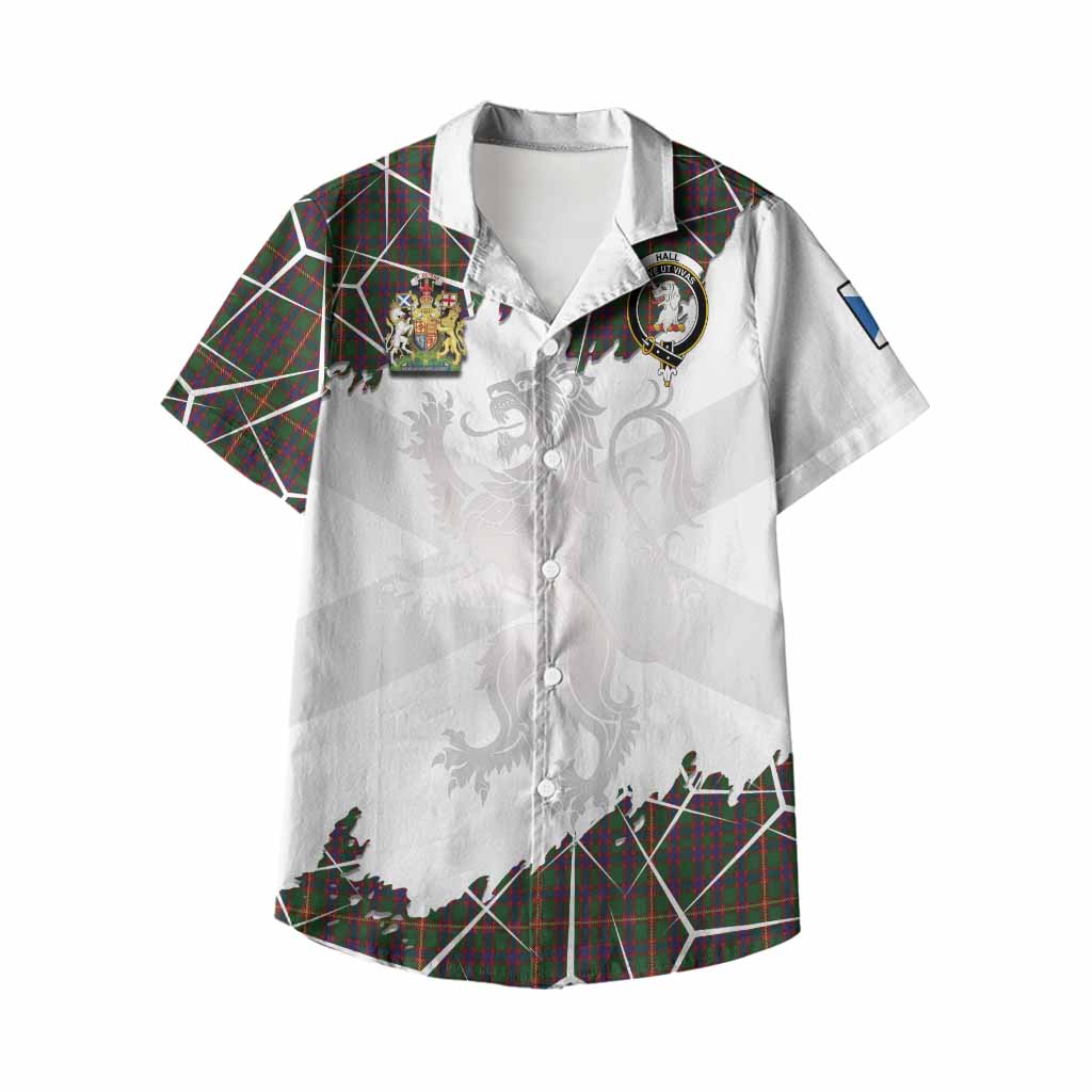 Hall Tartan Kid Hawaiian Shirt with Family Crest and Lion Rampant Grunge Style